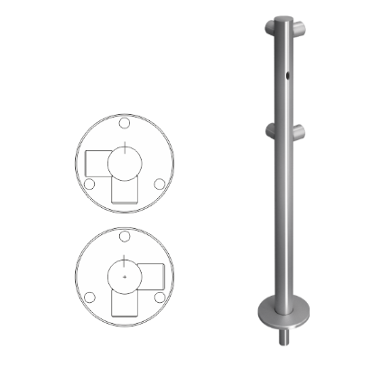 Стойка ограждения съемная L-образная с отверстием под фиксатор 2 муфты, 2 муфты справа угол 90°