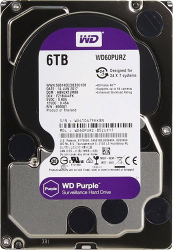 Western Digital HDD SATA - III WD Purple Жесткий диск, WD60PURZ, 6ТБ, 3.5, IntelliPower, 64Мб buffer (DV - Digital Video)