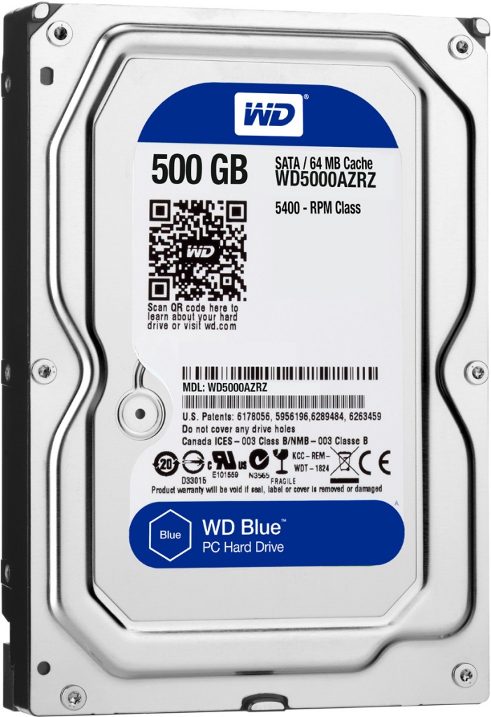 Жесткий диск HDD SATA-III WD Blue, WD5000AZRZ, 500ГБ, 3.5", 5400об/мин, 64Мб